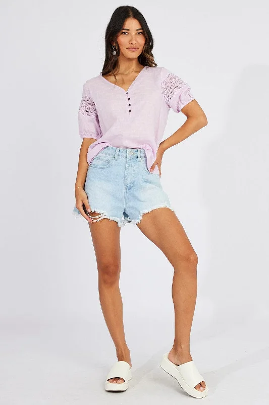 Purple Top lace details sleeve texture cotton Modern Women's 