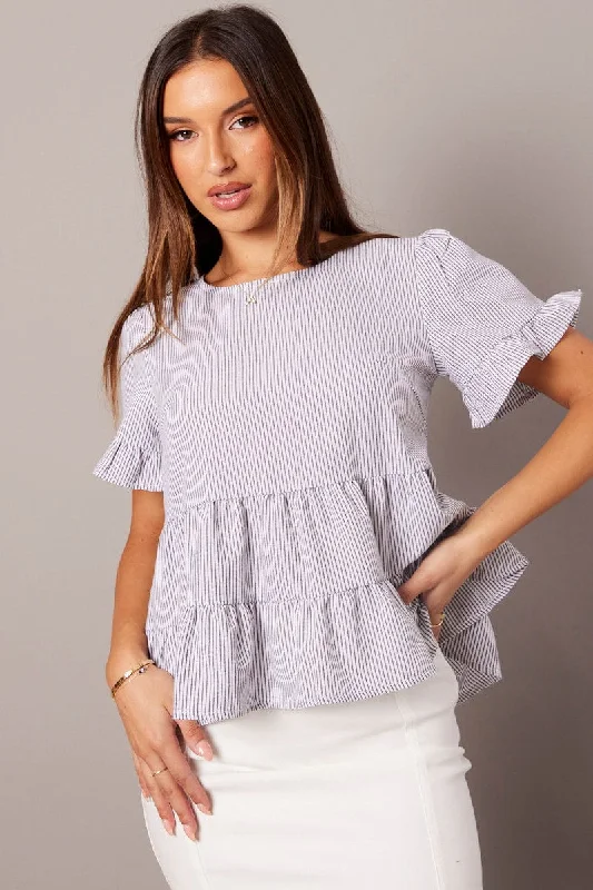 Black Stripe Ruffle Top Short Sleeve Laid - back Women's Vibe
