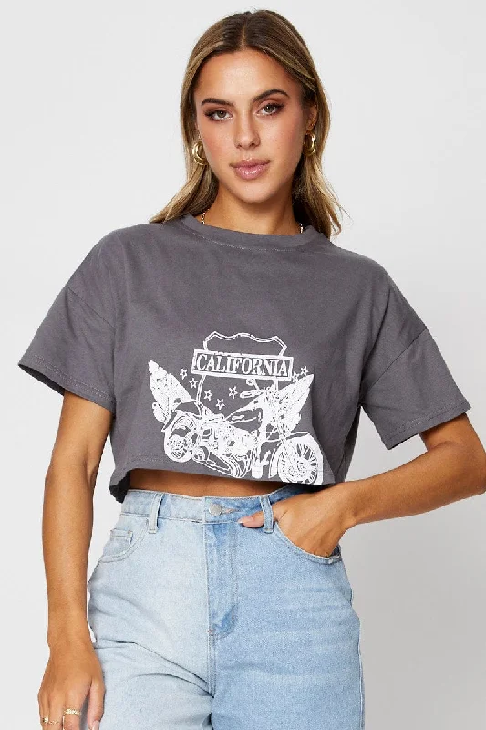 Grey Graphic T Shirt Short Sleeve Practical Women's Multi - 