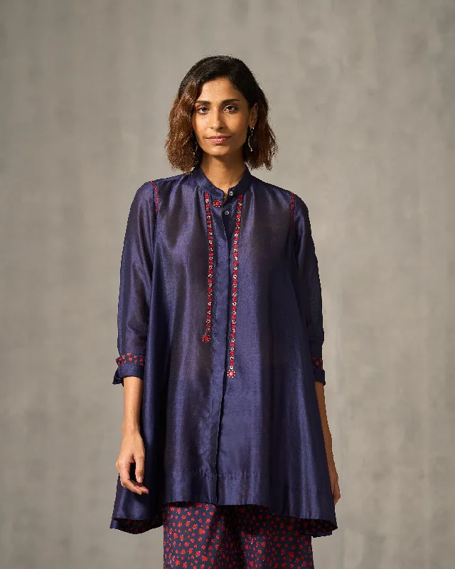 Back Gathered Top - Navy Embroidered Sporty Women's Tennis