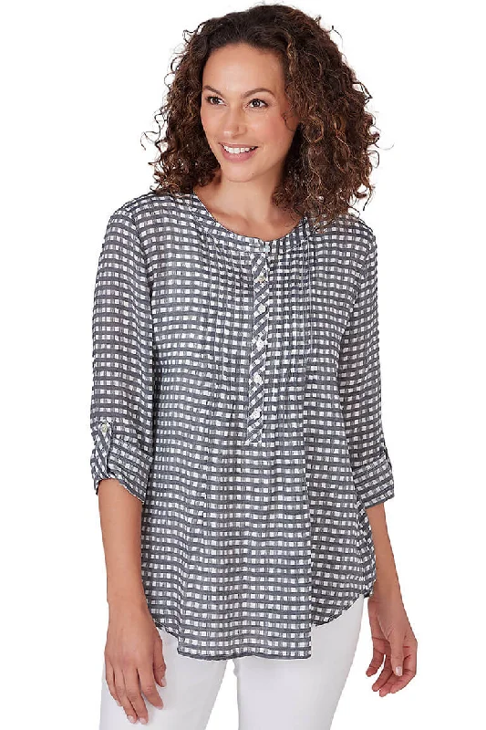 Black Gingham Pleated Blouse Hip Women's Urban