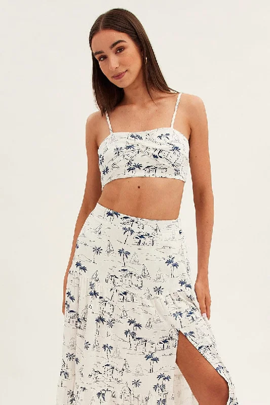 Blue Abstract Crop Top Adjustable Straps Printed Satin Feminine Women's Style 