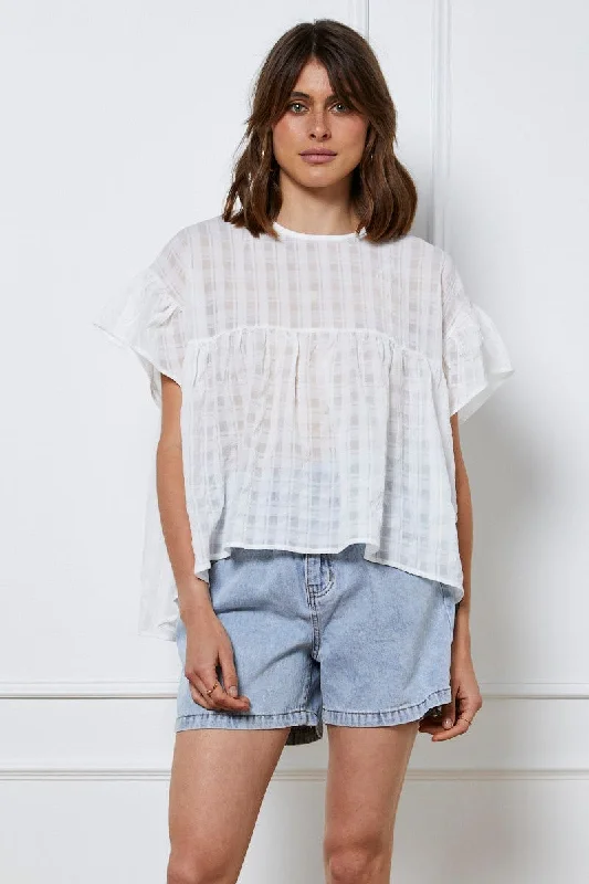 White Top Short Sleeve Crew Neck Linen Trendy Women's 