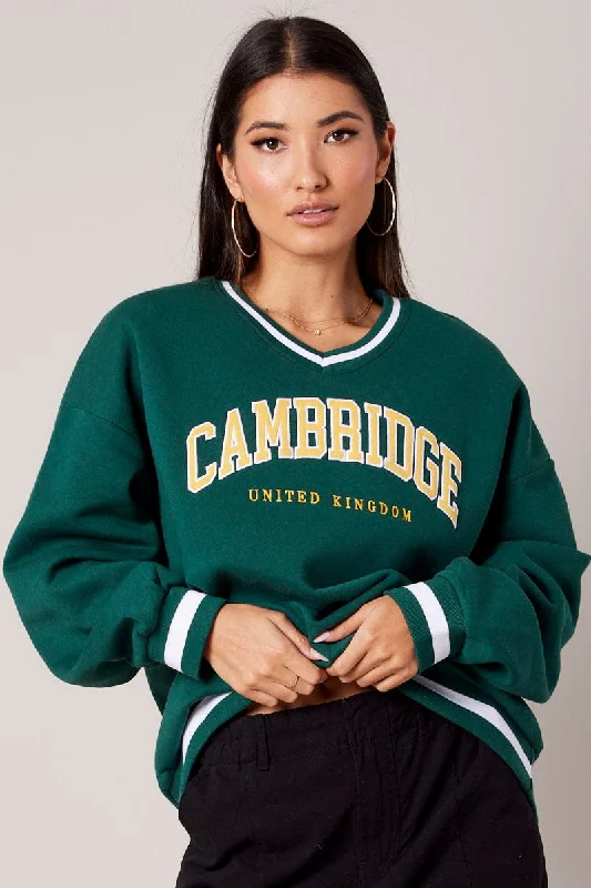 Green Graphic Sweater Long Sleeve Classic Women's Pin - striped