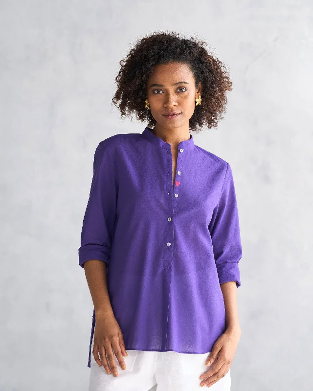 Mandarin Collar Top - Purple Stylish Women's Tropical 