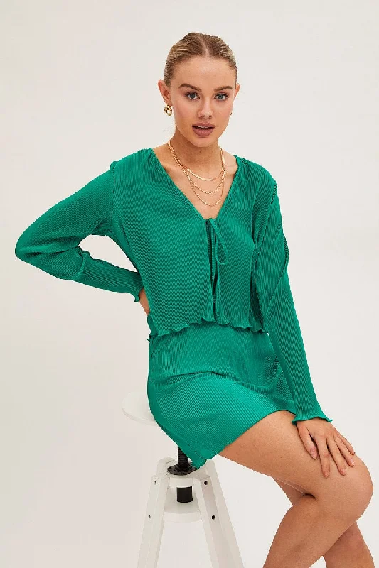Green Bolero Long Sleeve Tie Front Plisse Satin Casual Women's Japanese 