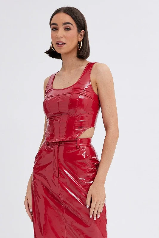 Red Corset Top Sleeveless Square Neck PU Patent Classic Women's Pin - striped