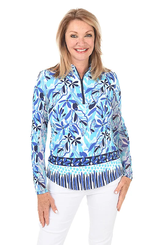 Cobalt Leaves UPF50+ Mock Neck Top Dapper Women's Bow - adorned
