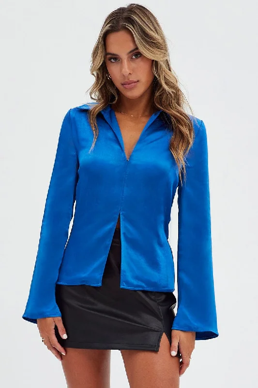 Blue Shirt Long Sleeve Collared Hook & Eye Satin Crepe Trendy Women's 