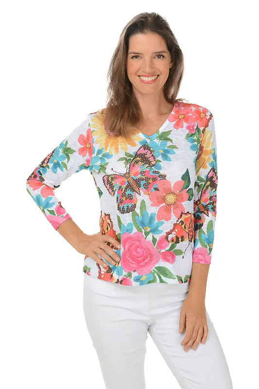 Butterfly Studded 3/4 Sleeve Top Artistic Women's Hand - painted