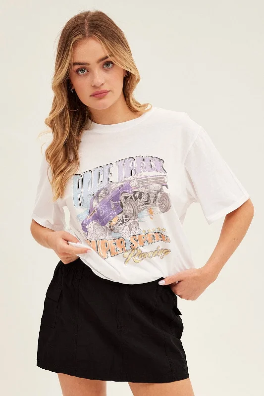 White Graphic Tee Short Sleeve Round Neck Vintage Car Vacation