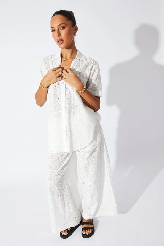 White Eyelet Shirt Short Sleeve Artistic Women's Hand - painted