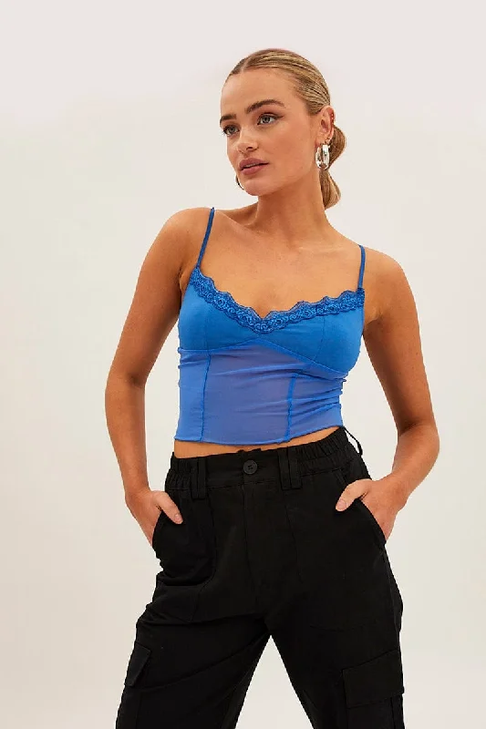 Blue Lace Trim Mesh Cami Top Gym