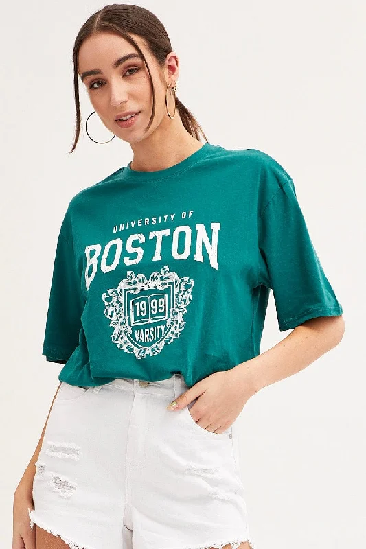 Green T Shirt Short Sleeve Crew Neck Boston Cotton Women