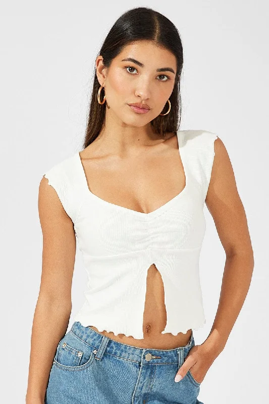 White Top Split Front Short Sleeve Sleek Women's Metallic