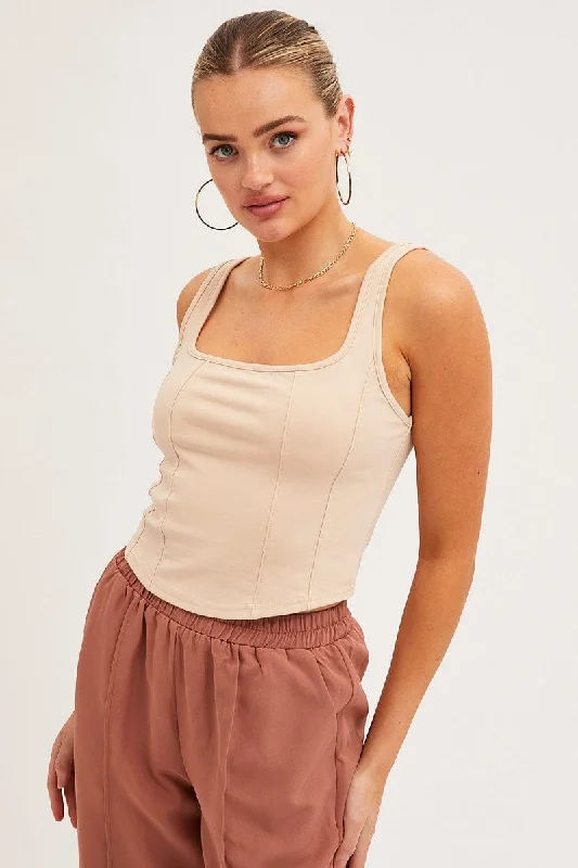 Beige Corset Tank Sleeveless Square Neck Crop Curved Hem Classic Women's Pin - striped