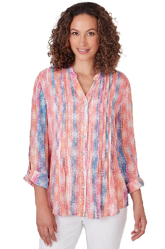 Petite Ultramarine Watercolor Medallion Pleated Shirt Business