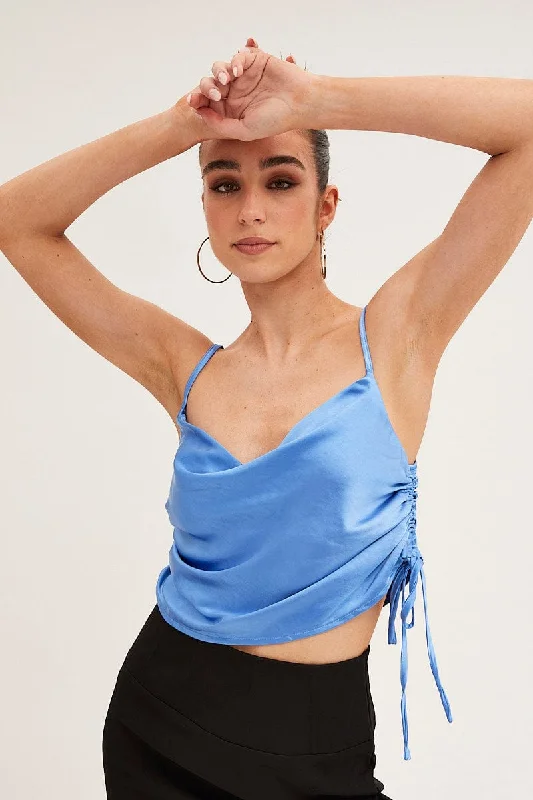 Blue Ruched Cami Top Sleeveless Cowl Neck Relaxed Women's 