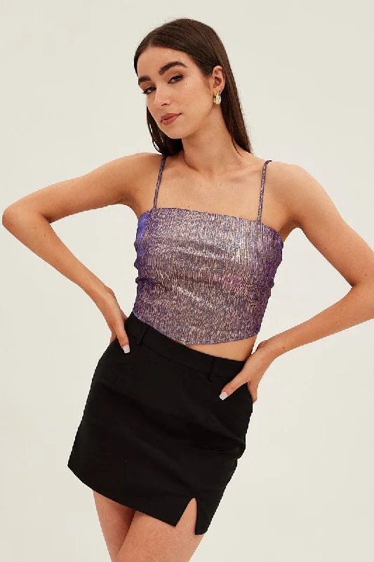 Purple Party Top Sleeveless Crop Scarf Hem Sparkly Traditional Women's 