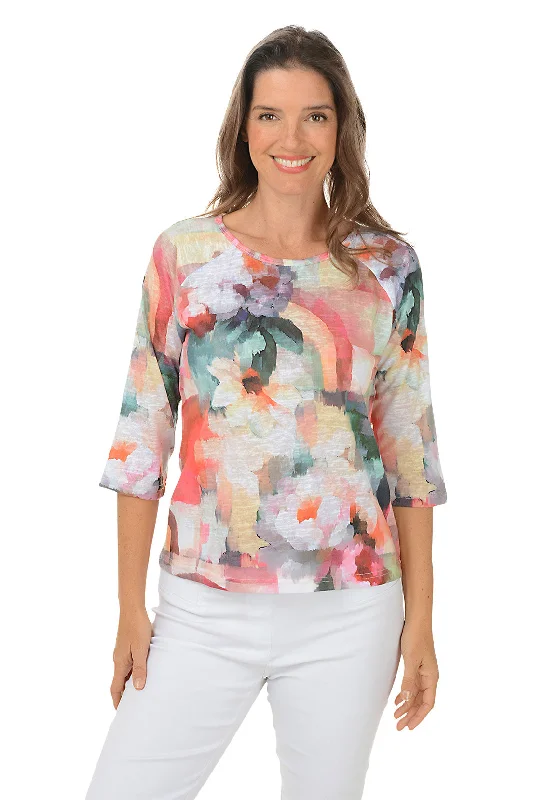 Floral Rainbow Raglan Elbow Sleeve Top Contemporary 