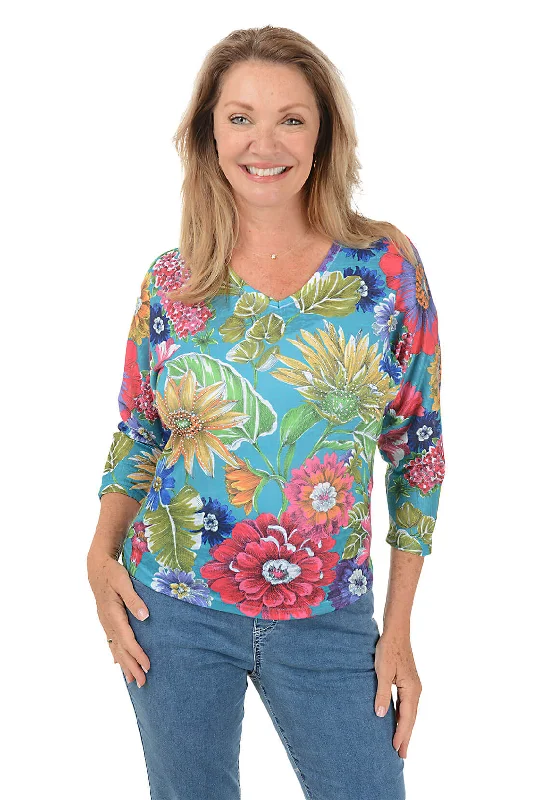 Peony Studded V-Neck Top Artistic Women's Hand - painted
