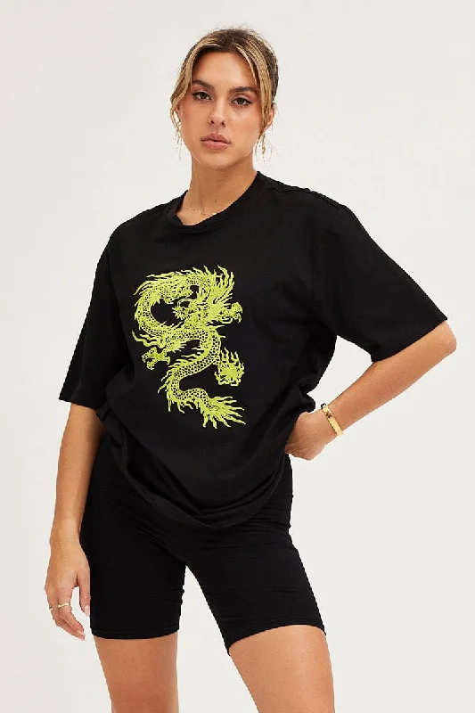 Black Crew Neck Oversized Graphic T-Shirt Trendy Women's Oversized