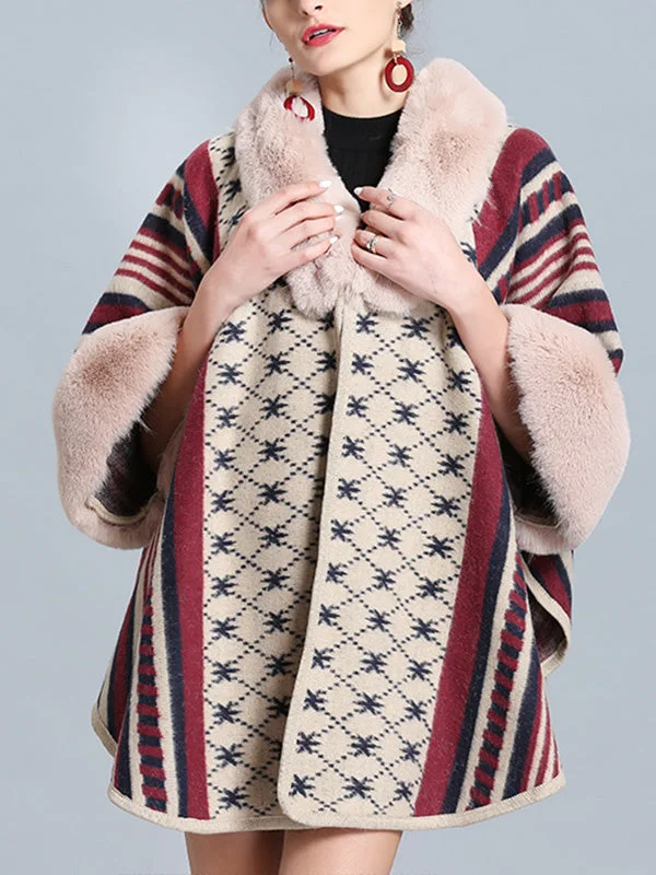 Stripe Bordeus Fluffy Neck Plus Size Cape Cardigan Stylish Women's Tropical 