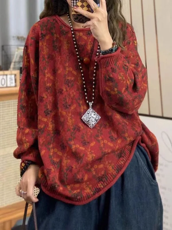 Women Retro Floral Knitted Loose Cardigan Cool Women's Distressed