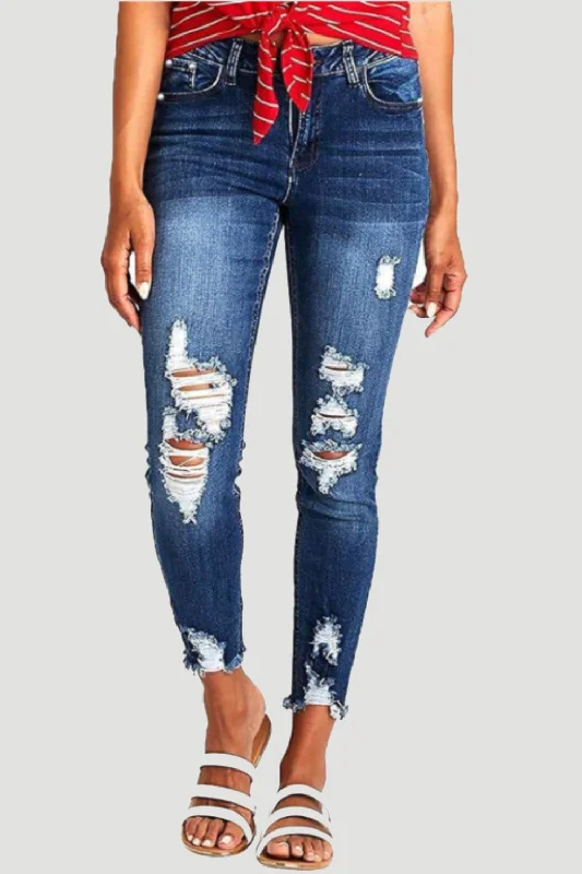 Distressed Raw Hem Jeans with Pockets Casual Women's Japanese 