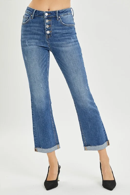 RISEN Full Size Button Fly Cropped Bootcut Jeans Practical Women's Quick - dry