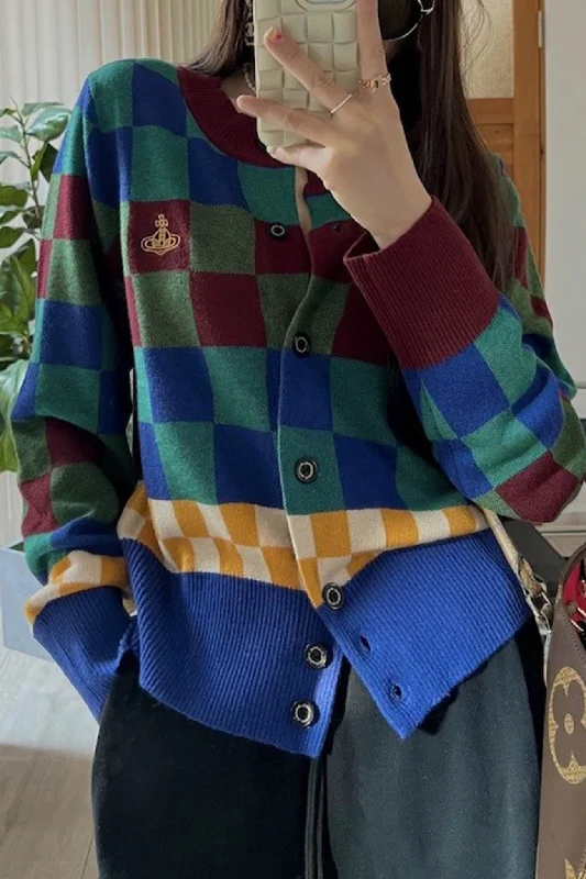 Contrast Plaid Knit Cardigan Trendy Women's Oversized