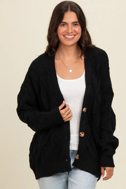Black Textured Button Up Sweater Cardigan Country