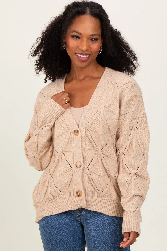 Beige Diamond Knit Button Up Sweater Cardigan Monochromatic Office Style