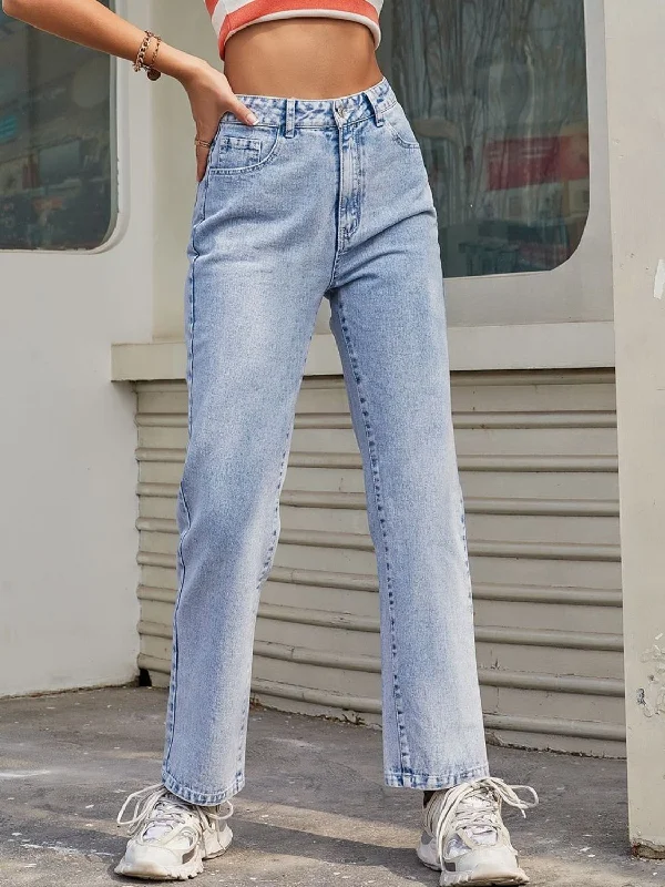 High Waist Straight Jeans with Pockets Casual Women's Japanese 