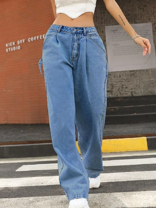 Wide Leg Jeans with Pockets Sporty Women's Athleisure 