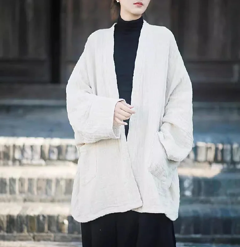 Women Loose Solid Beige Linen Cardigans Hip Women's Retro