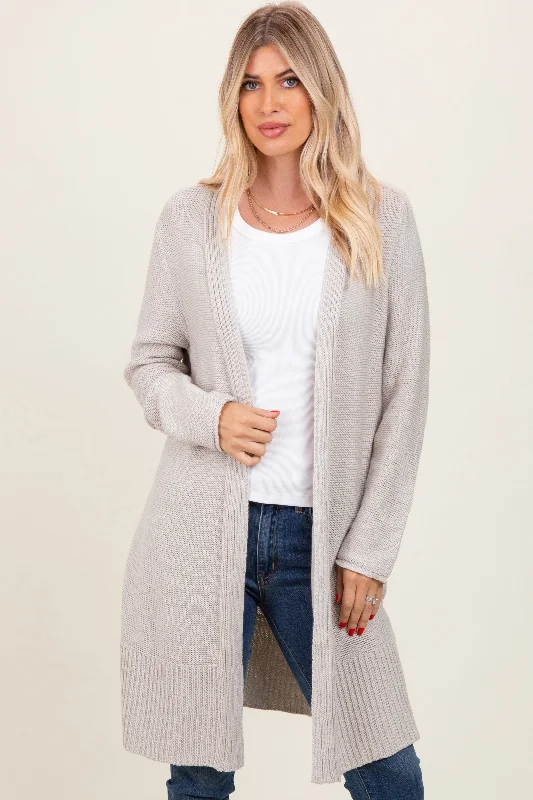 Cream Contrast Rib Long Open Cardigan Artistic Women's Hand - painted