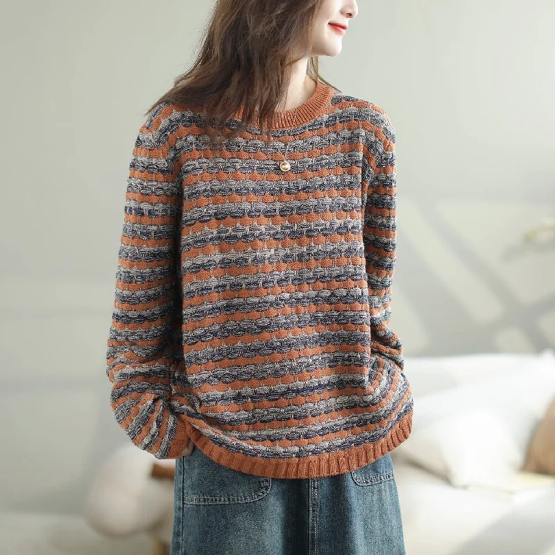 Autumn Stylish Stripe Cotton Knitted Casual Cardigan Monochromatic Office Style