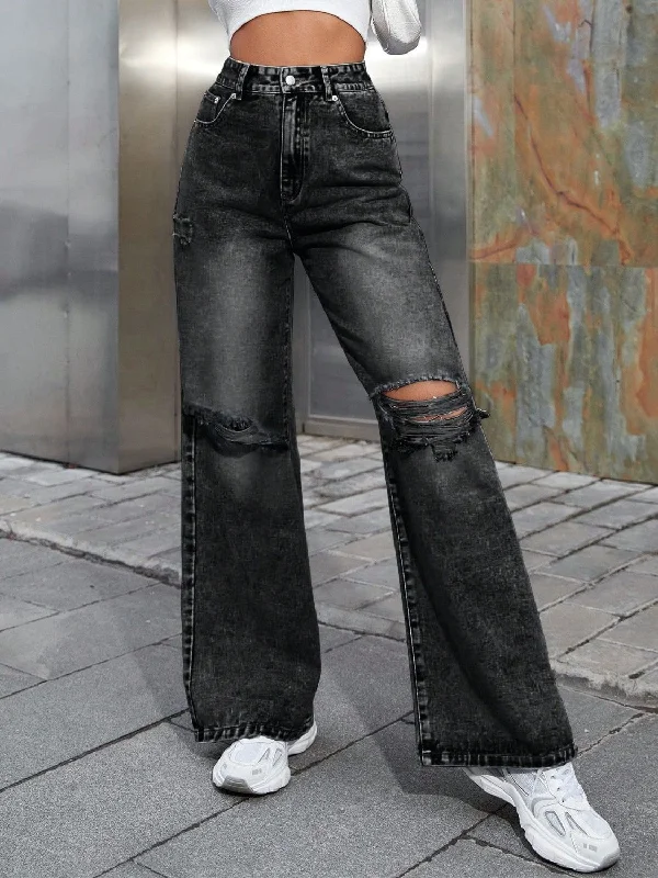 Distressed Wide Leg Jeans with Pockets Sleek Women's 