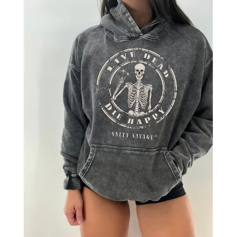 Salty Savage Unisex “LIVE DEAD, DIE HAPPY” Mineral Wash Hoodie Casual Women's Japanese 