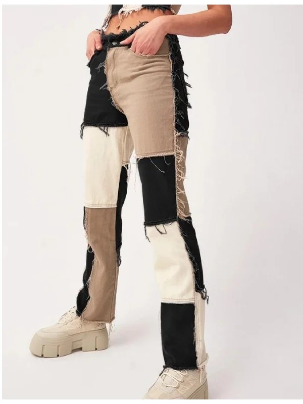 Color Block Raw Hem Jeans Feminine Women's Soft 