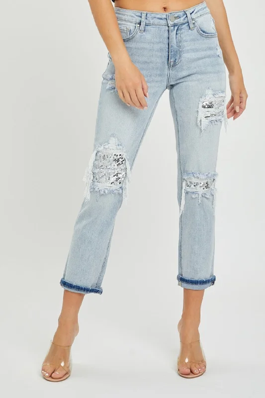 RISEN Mid-Rise Sequin Patched Jeans Adventure