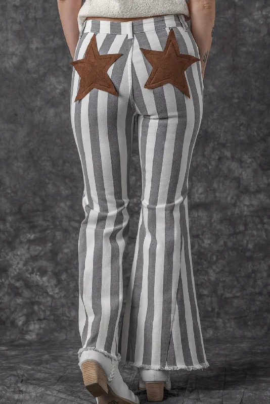 Raw Hem Star Applique Striped Jeans Dynamic Women's High - energy