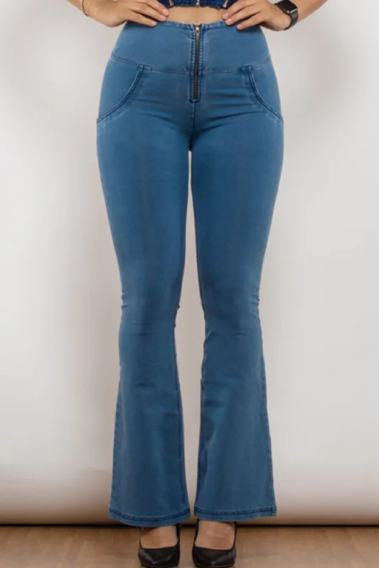 Zip Detail Flare Long Jeans Sleek Women's Metallic