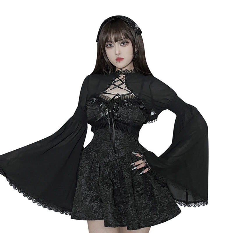 Vintage lace black gothic evening short stylish wrap Cardigans Refined Women's Velvet