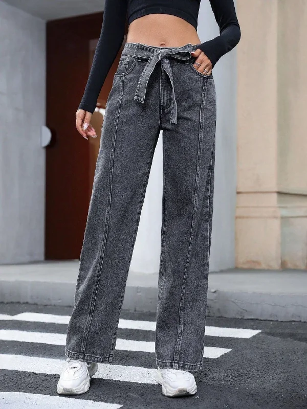 Tied Straight Leg Jeans with Pockets Traditional Women's 