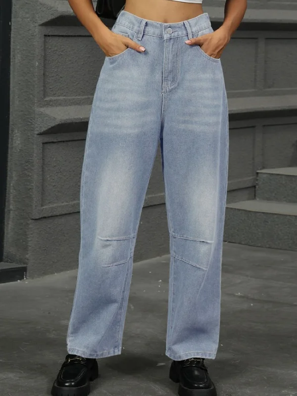 Half Elastic Waist Straight Leg Jeans Minimalist Women's Casual