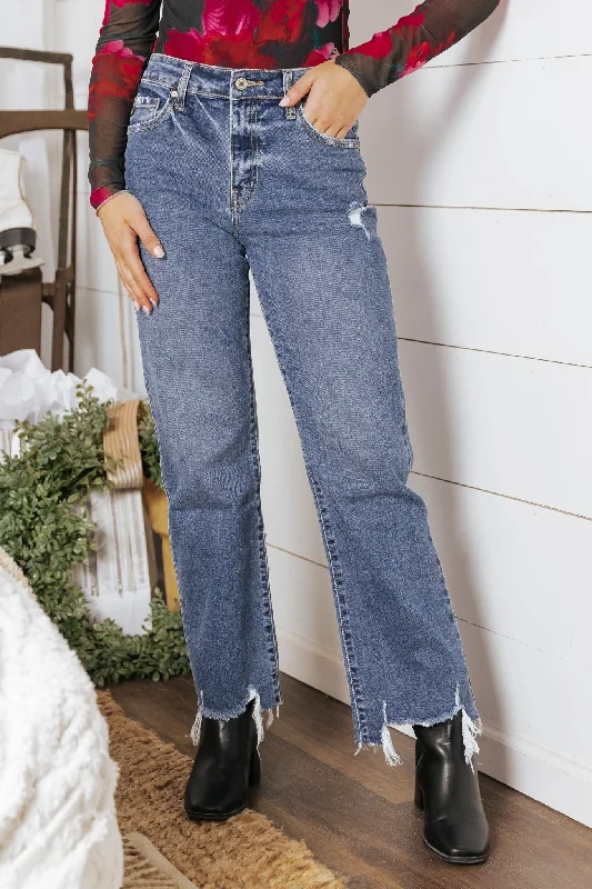 Medium Wash High Rise Distressed Jeans Luxurious Women's High -  end