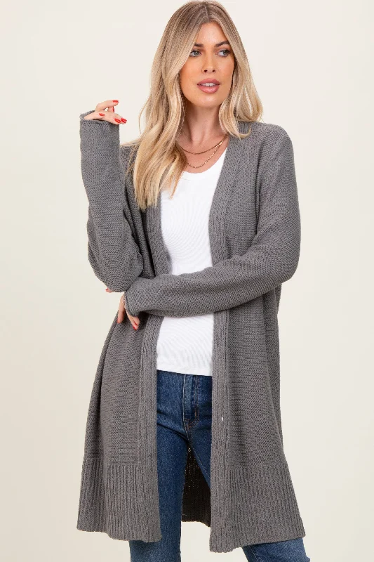 Charcoal Contrast Rib Long Open Cardigan Casual Women's Loose - fitting