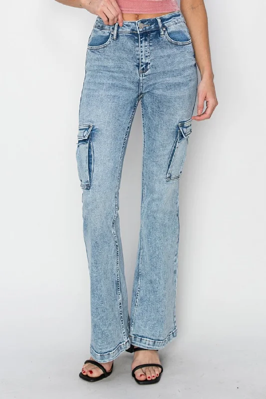 RISEN Full Size High Rise Cargo Flare Jeans Compression
